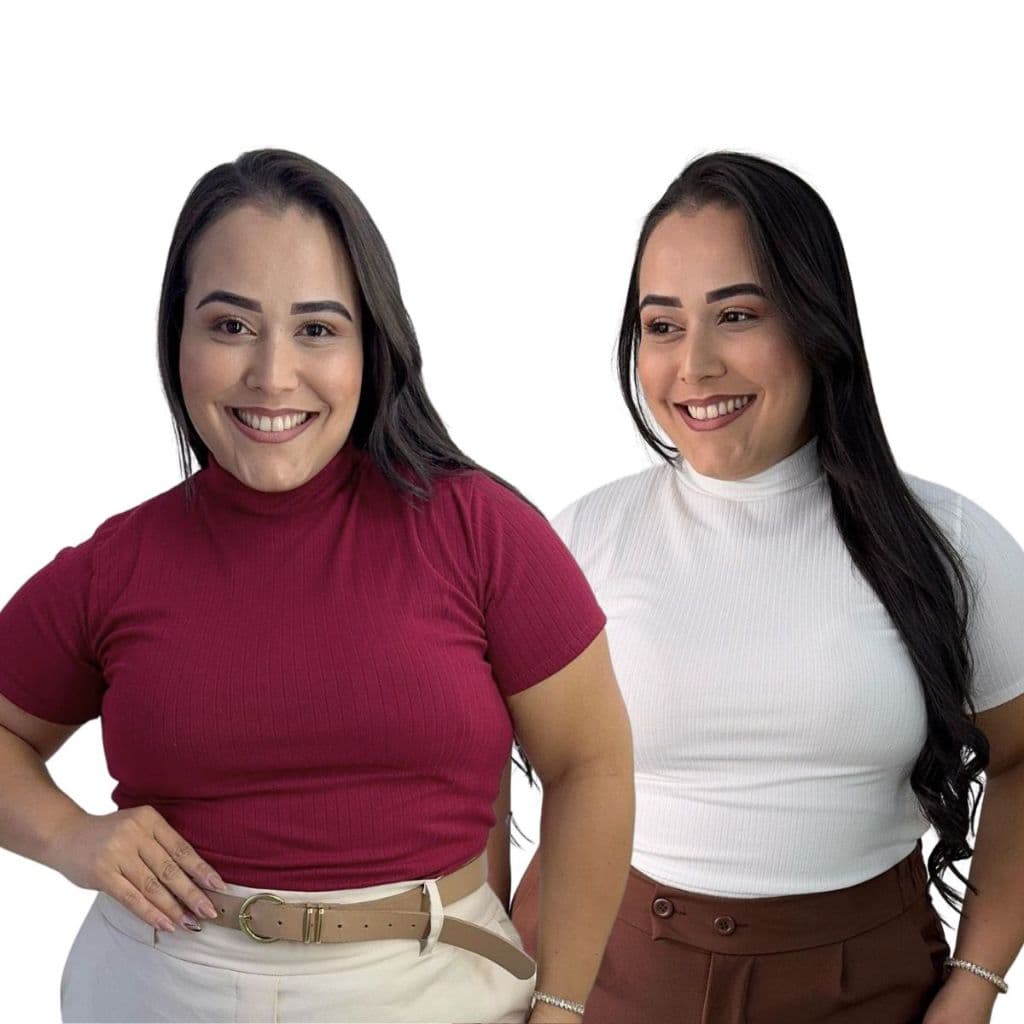 Kit 2 Blusa Canelada Plus Size Tamanho Grande  Com Gola Alta De Manga Curta