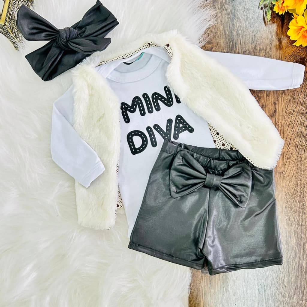 Conjunto Roupas de Bebê Kit com Shorts Cirrê, Colete e Body em Algodão e Faixinha Conjuntinho Moda