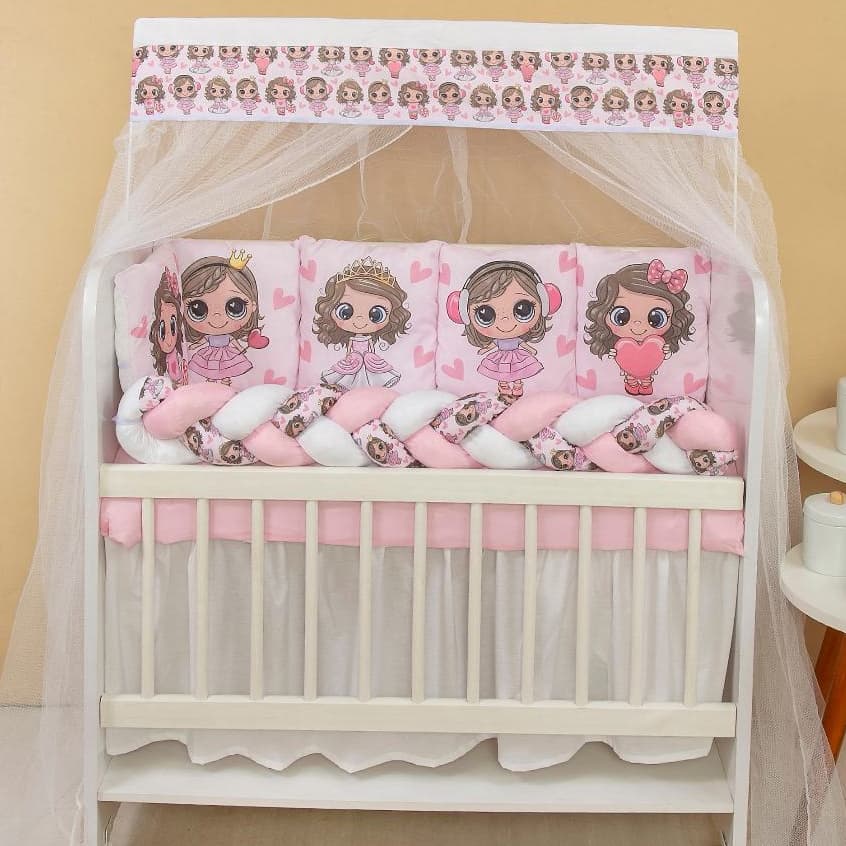 Kit Mini Berço 12 peças + Saia de Berço Bebê Menina Amiguinhas