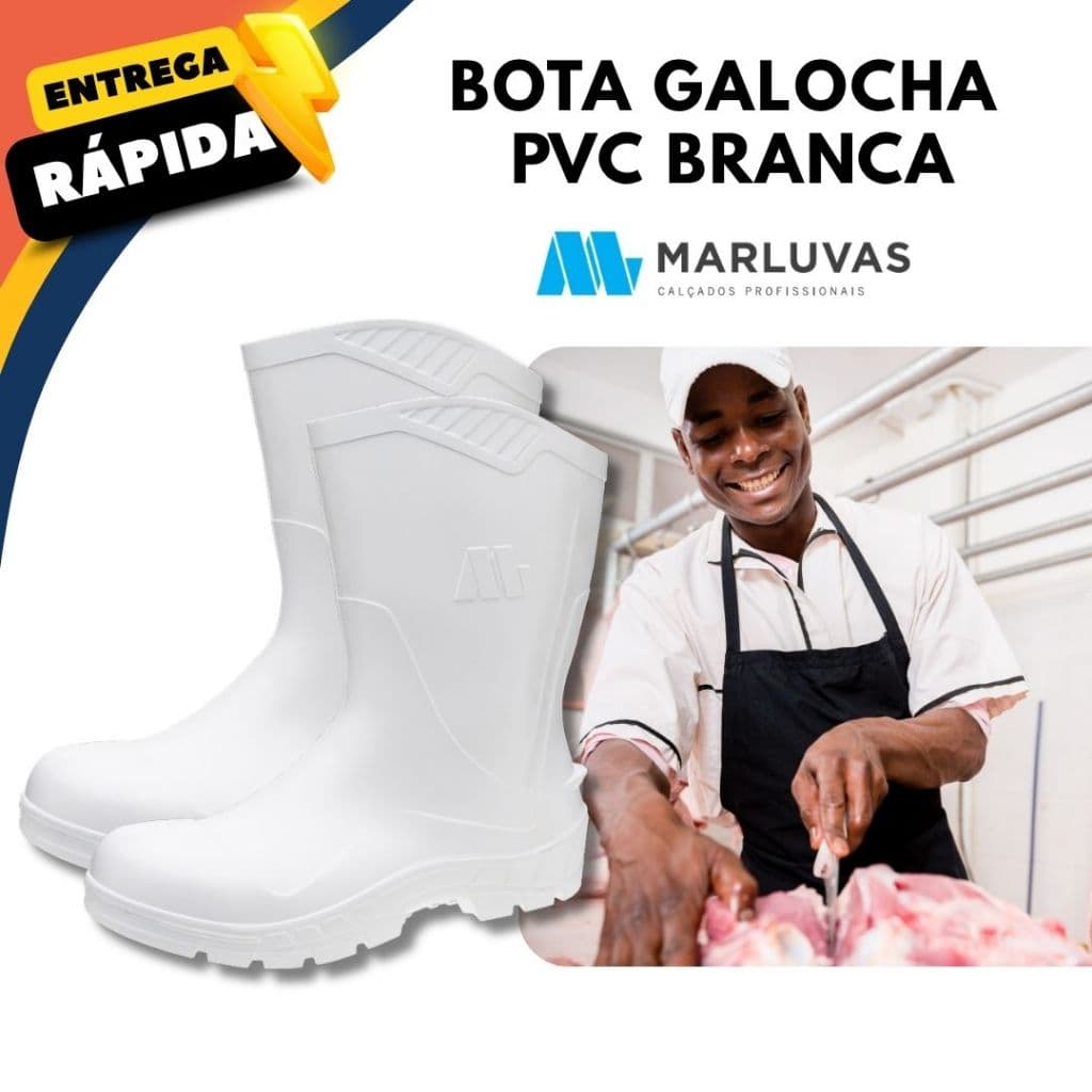Bota Branca Galocha Marluvas PVC Impermeavel Acougueiro Limpeza Multiuso Confortavel Proteção