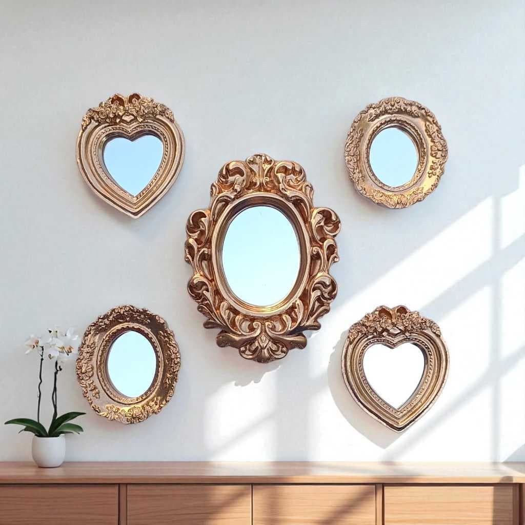 5 Espelhos Dourados com Acabamento Brilhante, Conjunto Decorativo para uma Decoração Moderna