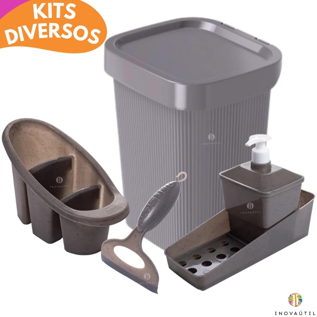 Kit Pia Cozinha Dispenser Porta Detergente 3em1, Rodinho, Porta Talher Escorredor e Lixeira Friso