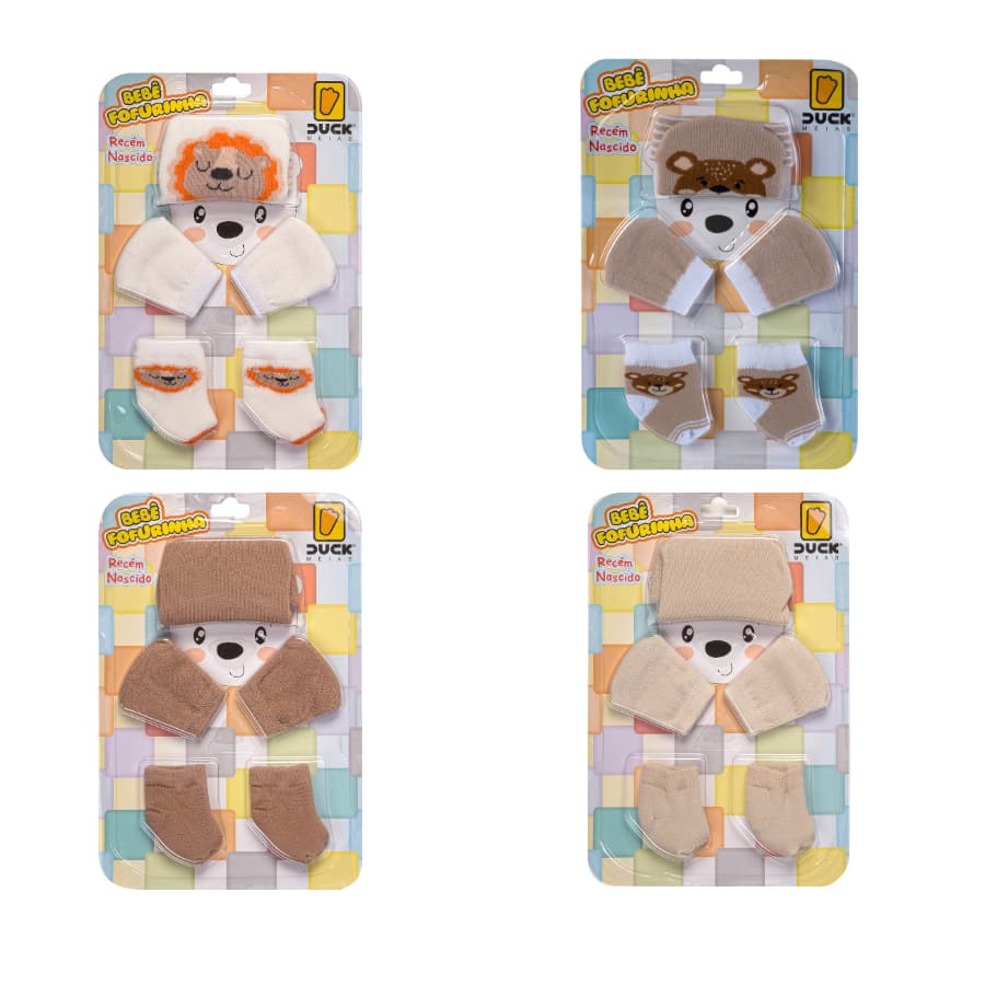 4 Kit Touca Luva e Meia Saida da Maternidade Menino Duck