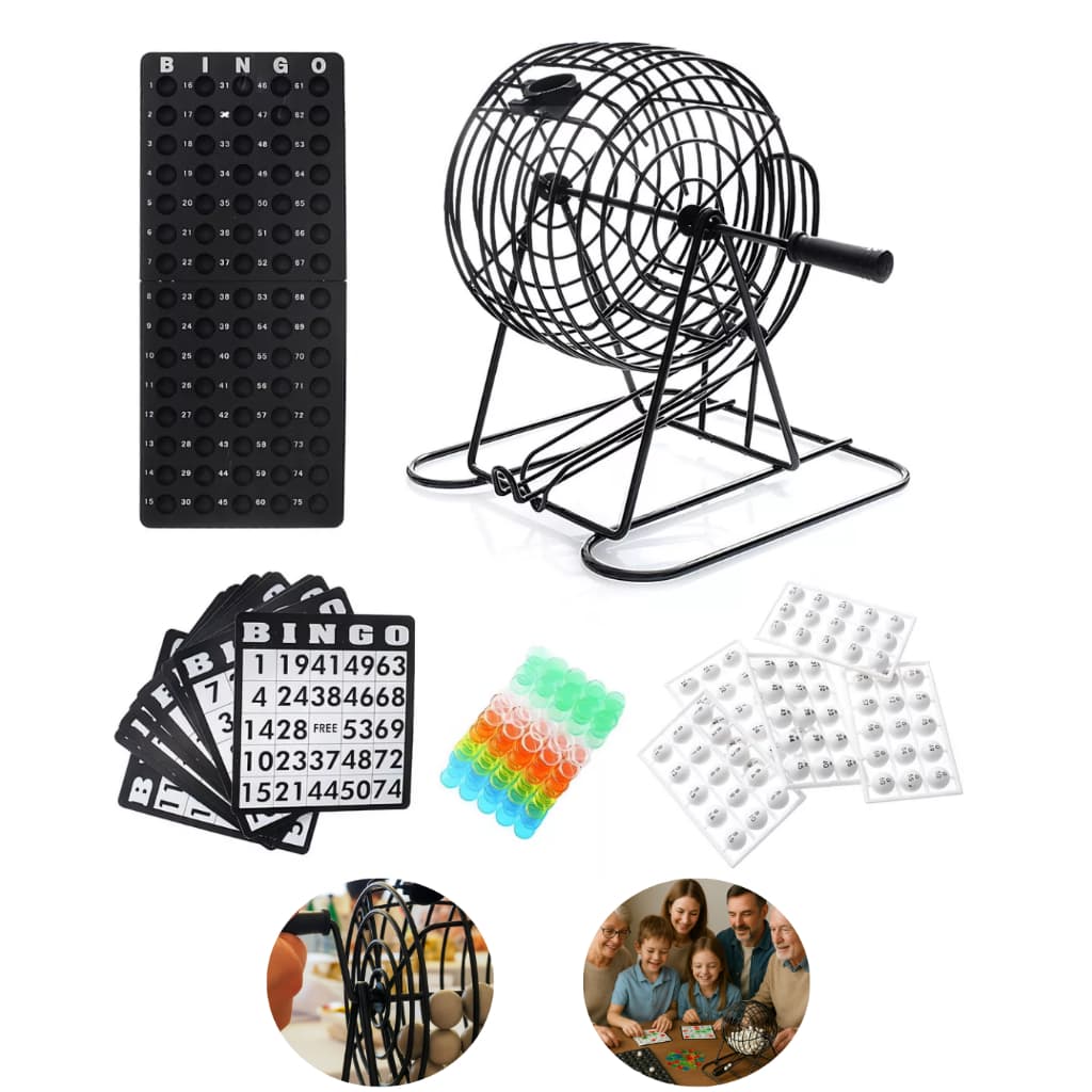 Jogo De Bingo Completo Festa Confraternização Globo De Metal 150 Marcadores Coloridos e 18 Cartelas