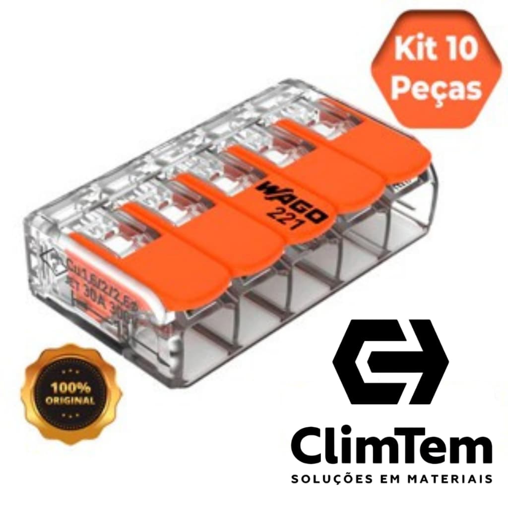 Kit 10 Peças Conectores Elétricos 221 Emenda Wago 1, 2, 3, e 5 vias 32/41A Original 4mm² e 6mm²