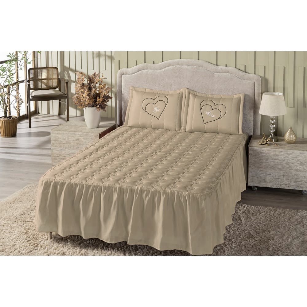 Kit Cobre Leito Colcha Casal Te amo Bordado 3 Peças Cores Variadas na oferta