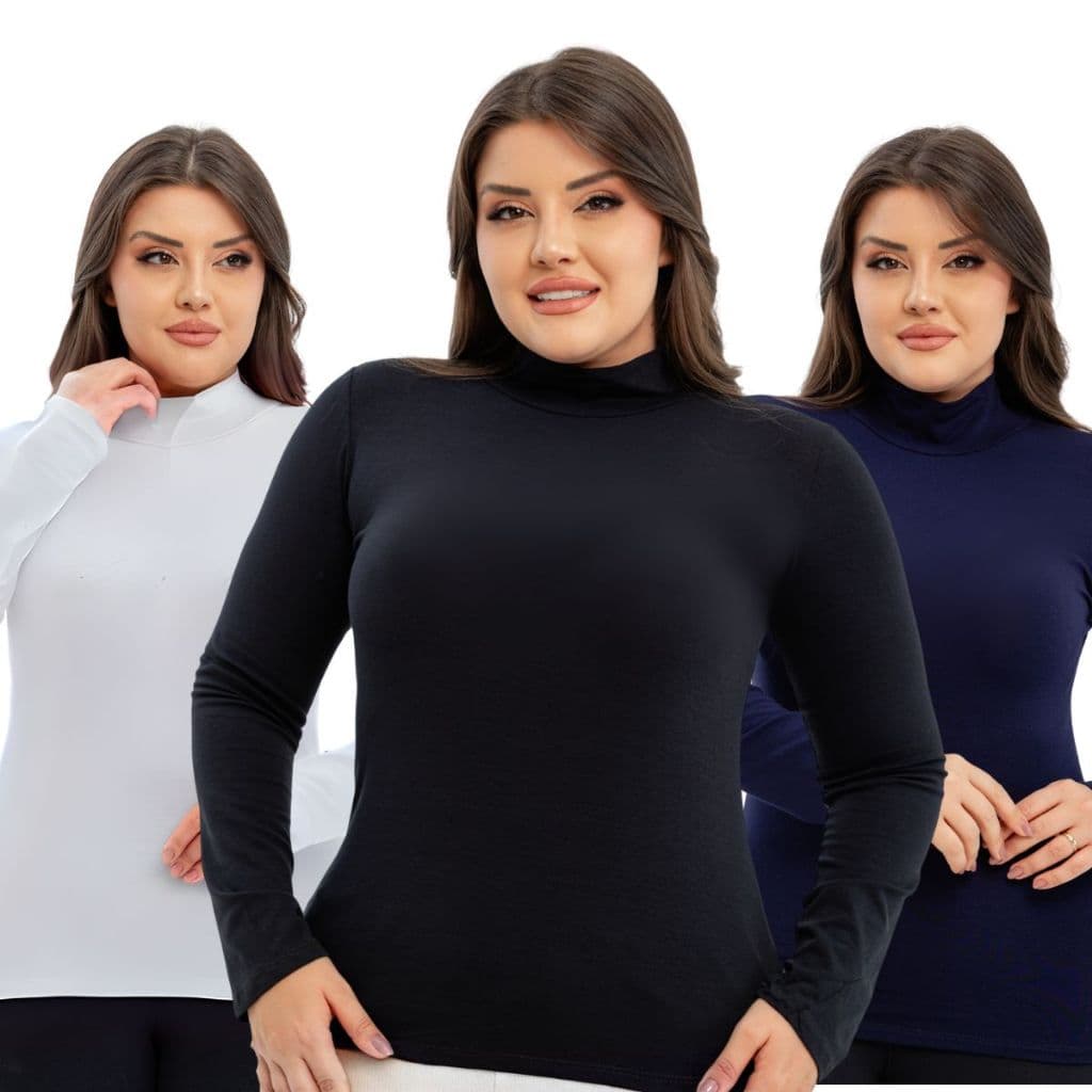 Kit 3 Blusa Manga Longa Gola Alta CACHARREL Feminina Viscolycra Segunda Pele RRB Comércio