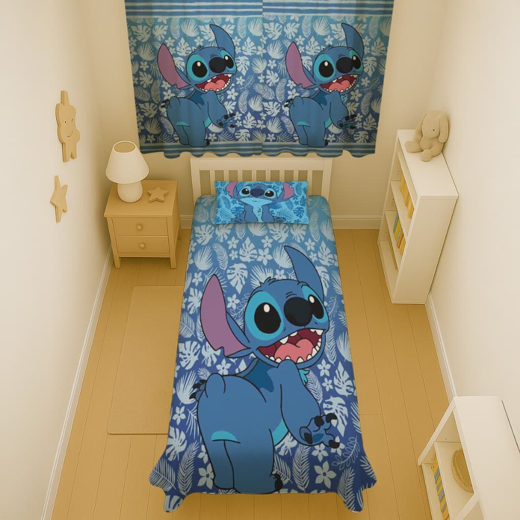 Kit Jogo Quarto Infantil Cortina + Jogo Lençol Colcha Solteiro 3 Peças Lilo Stitch