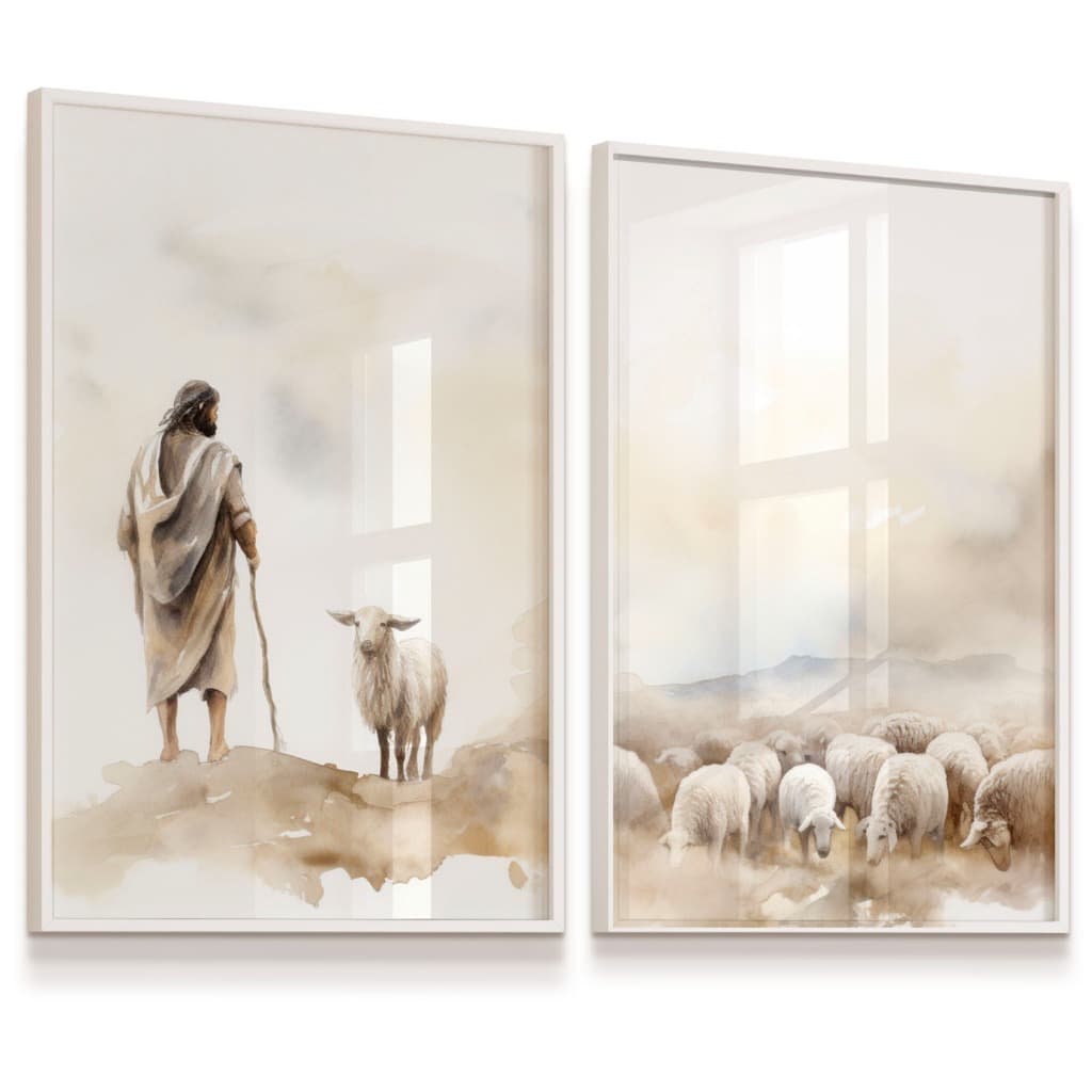 Quadro Decorativo 63x93cm Jesus Pastor Ovelhas Pastoreio Religioso Sala Quarto