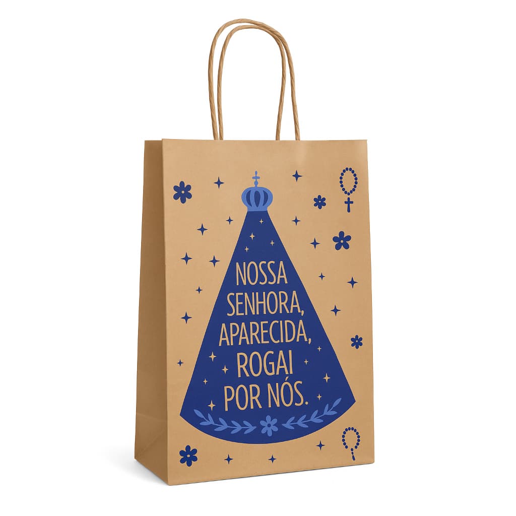 Sacola Kraft Nossa Senhora Aparecida 28x18x10cm com Alça de Papel Torcido – Estampa Religiosa Azul