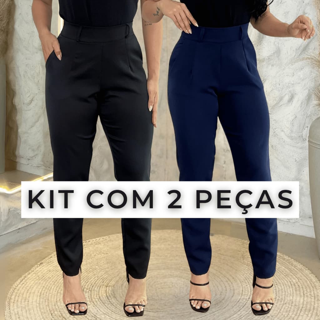 Kit 2 Calça Alfaiataria Feminina Social Cintura Alta Moda Elegante Modeladora Com Bolsos P a G1