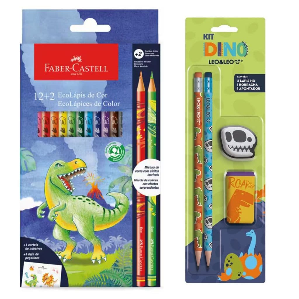 Kit Dinossauro lapis de cor Faber Castell e kit lapis Hb