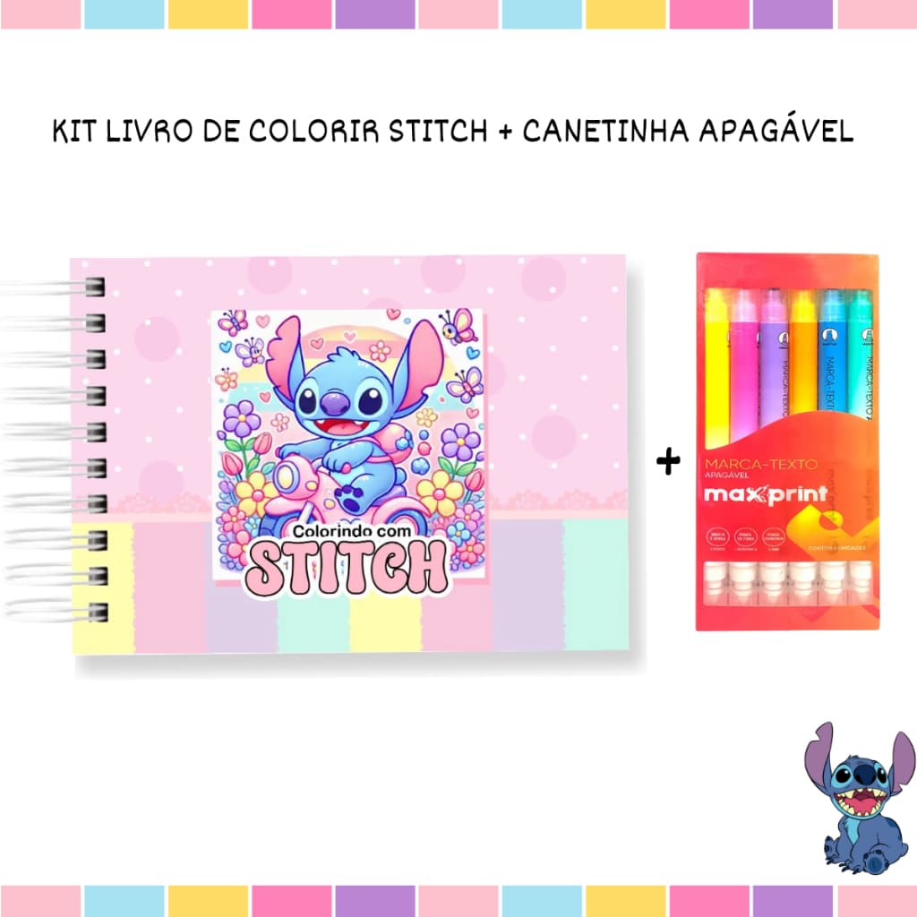Livro de Colorir Stitch Capa Dura Holográfica + 6 Canetinhas Apagáveis – Kit Infantil Criativo