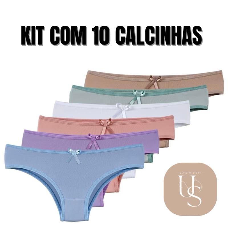 Kit Calcinhas de Algodão Feminina Conforto Tanga Cotton Básica Cós Alto Largo Kit 10 Calcinhas
