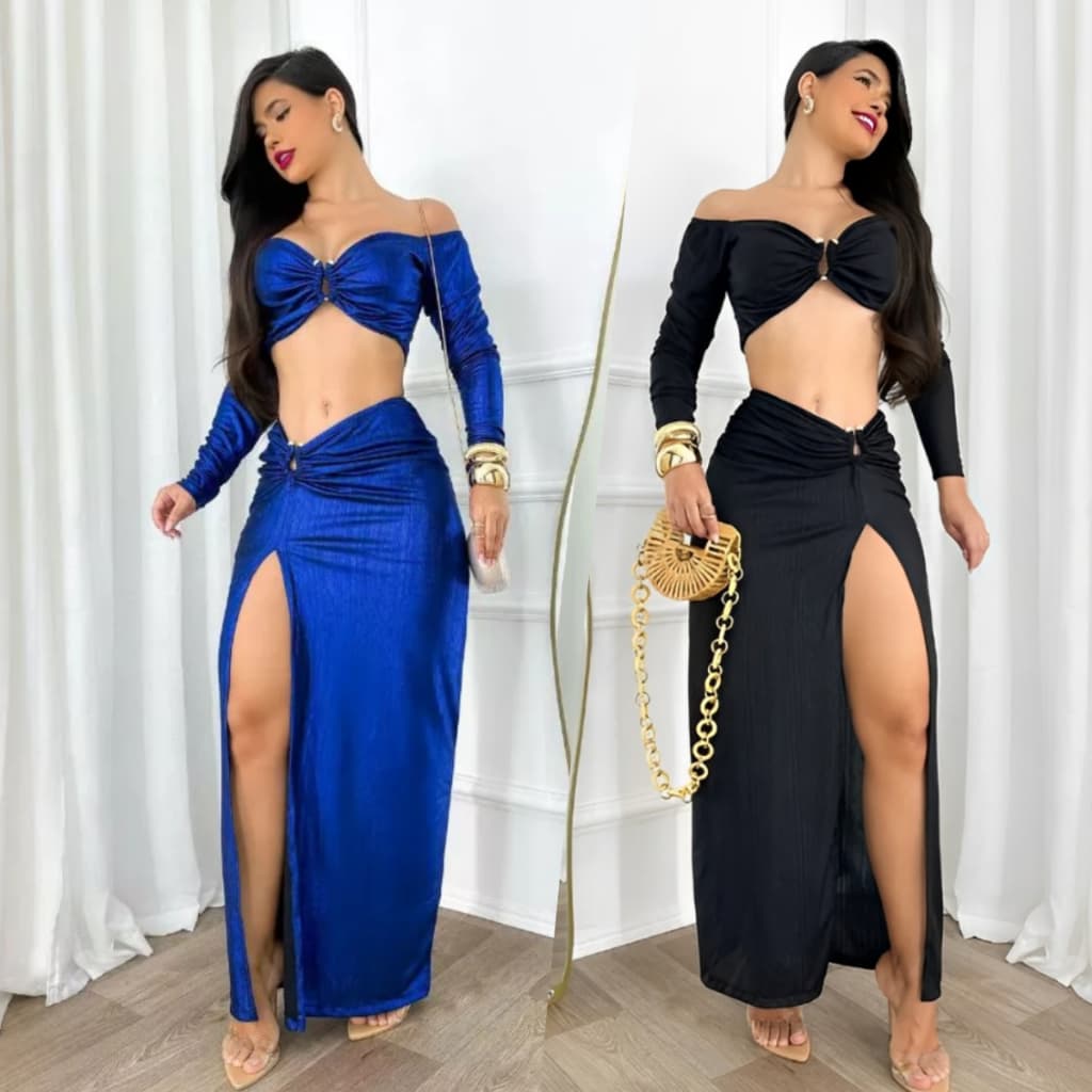 Conjunto Elegante Feminino Metalizado Para Festa Look Brilhante Estiloso Sensual