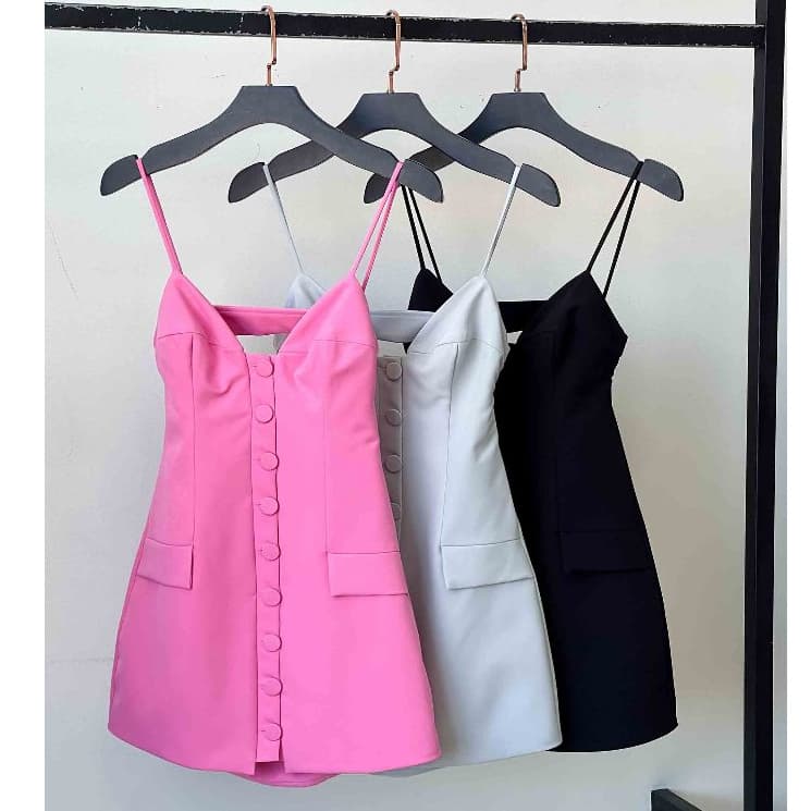 Vestido Evelyn Alfaiataria curto alça Botões Bolso decorativo Modinha amarração ajustável