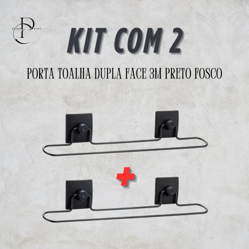 Kit com 2 Porta Toalha Toalheiro Banho Dupla Face 3M Sem Furo Preto Fosco