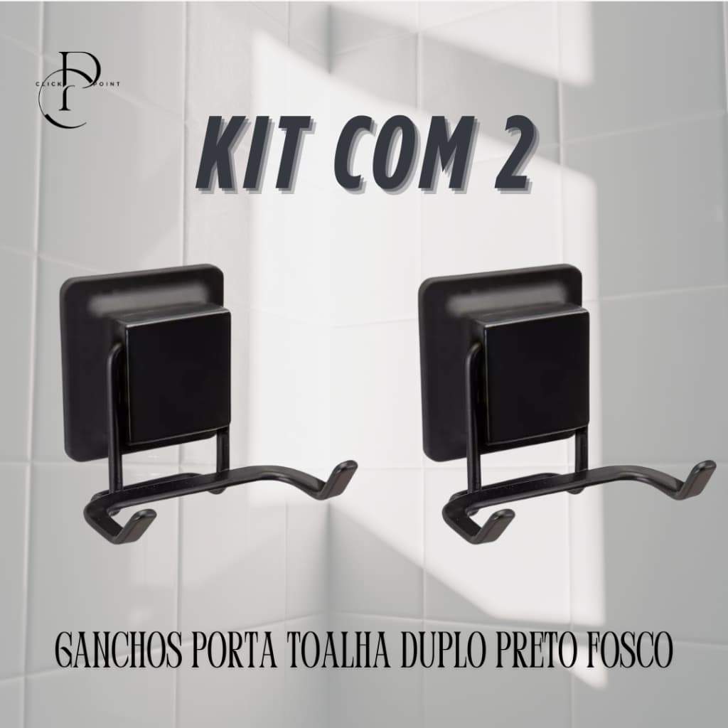 Kit 2 Ganchos Porta Toalha Banheiro Lavabo Preto Ventosa Sem Furo