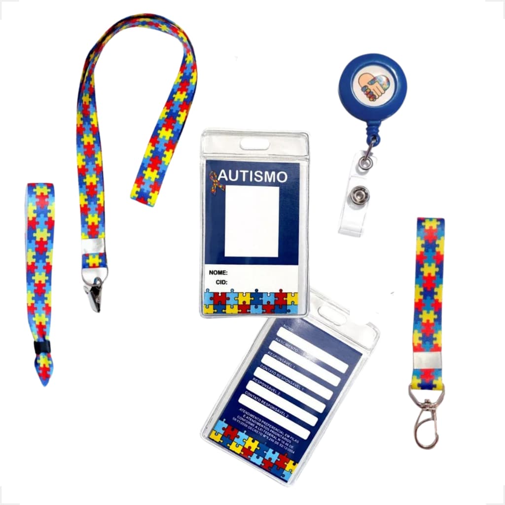 Kit Crachá Autista + Porta Crachá + Pulseira + Cordão Autismo