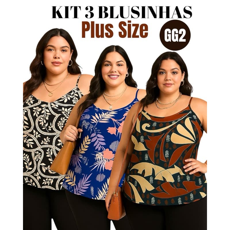 KIT 3 Blusas Feminina de Alcinha Básica Plus Size Malha Fria -Regata Soltinha de Verão