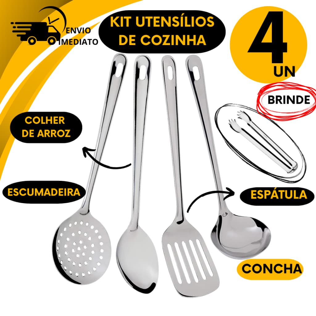 Kit Utensílios de Cozinha 4 Peças 100% Aço Inox Colher Concha Escumadeira Espátula Vazada