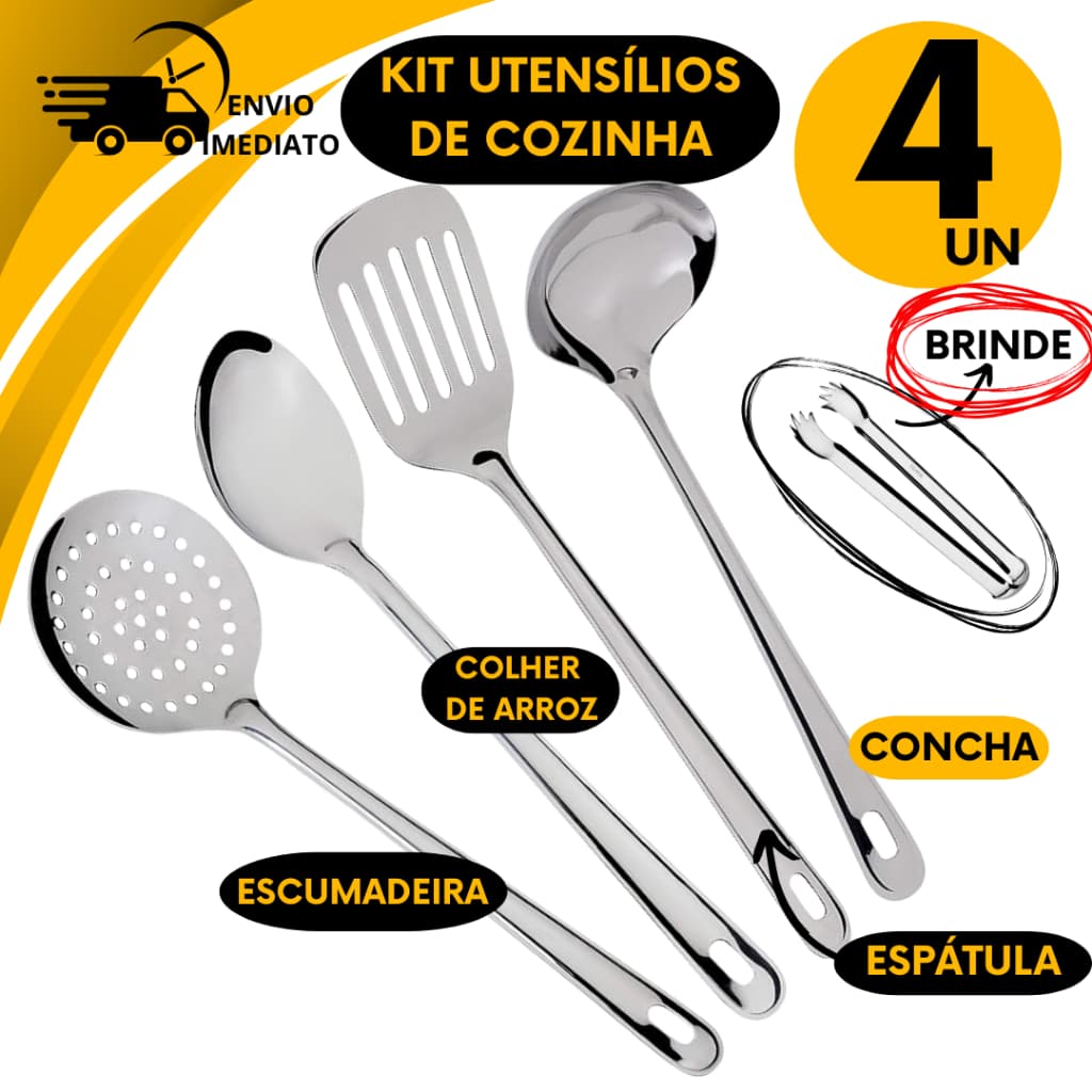 Jogo de 4 Peças Utensílios Aço Inox com Brinde Concha Colher de Arroz Escumadeira Espátula Vazada