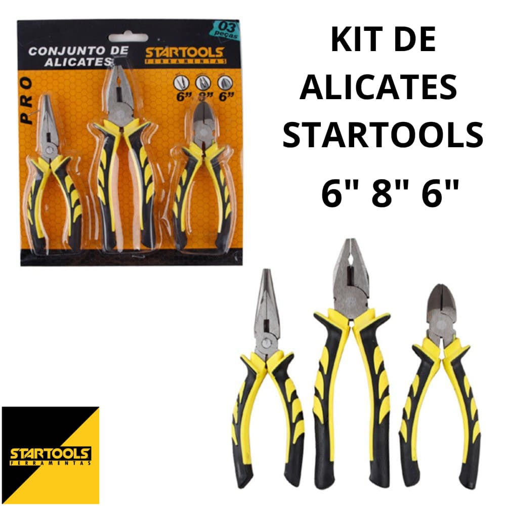 Kit Conjunto de 3 Alicates Startools Versáteis Cabo Emborrachado Grandes e Robustos ou Mini Alicates