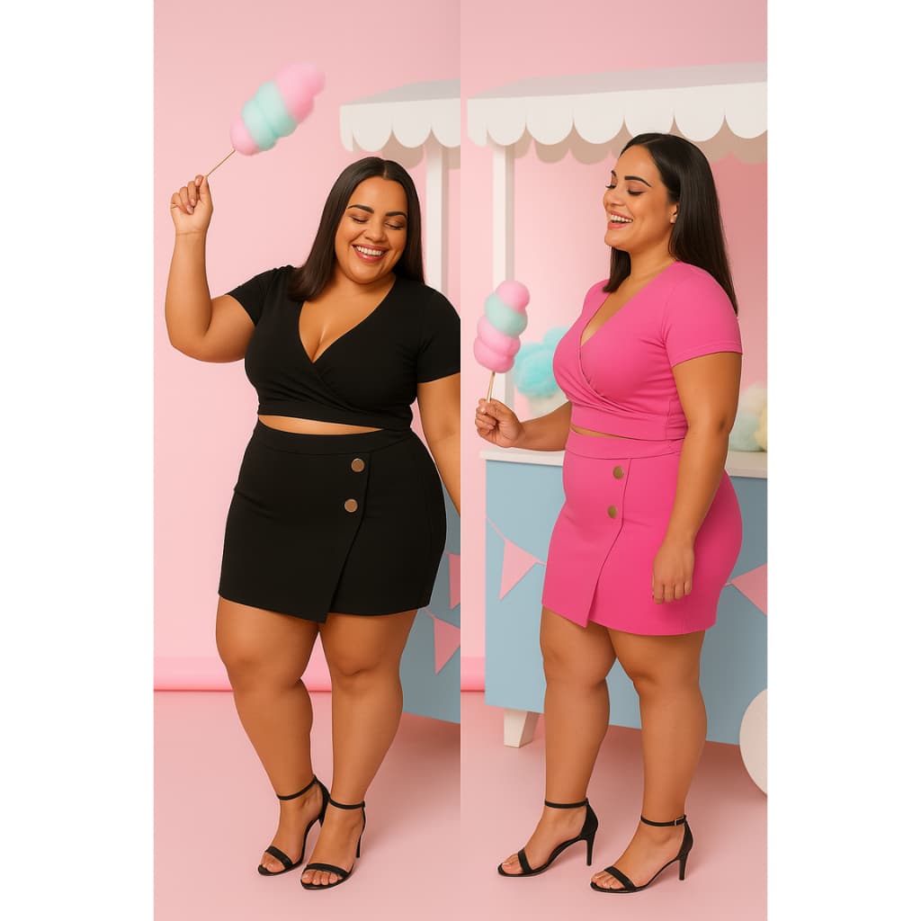 KIT 2 conjunto Plus Size Feminino Short Saia + Cropped Scuba LiverPool  GG G1
