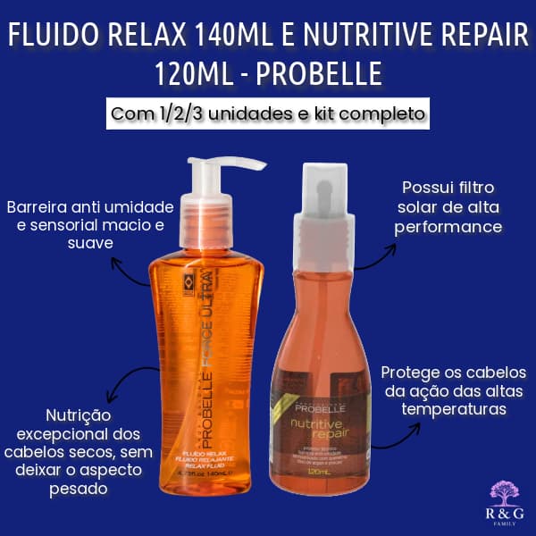 FLUIDO RELAX 140 ML E NUTRITIVE REPAIR 120 ML PROBELLE (1/2/3 UNIDADES E KIT)