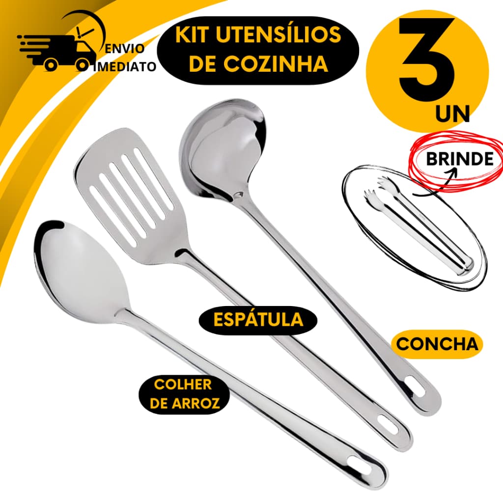 Kit de Utensílios Para Cozinha 100% Inox Colher de Arroz Concha Espátula Vazada Escumadeira