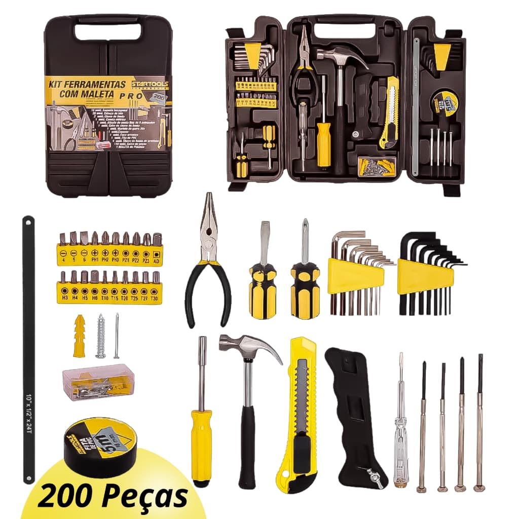 Kit Jogo Ferramentas Completo 200 Peças Com Maleta Chave Allen Fenda Serra Alicate Martelo