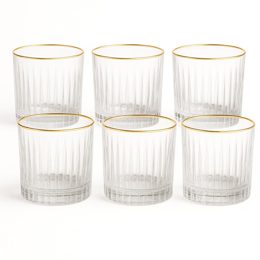 Jogo 6 Copos Baixo Com Borda Dourada Em Vidro 330ml Whisky