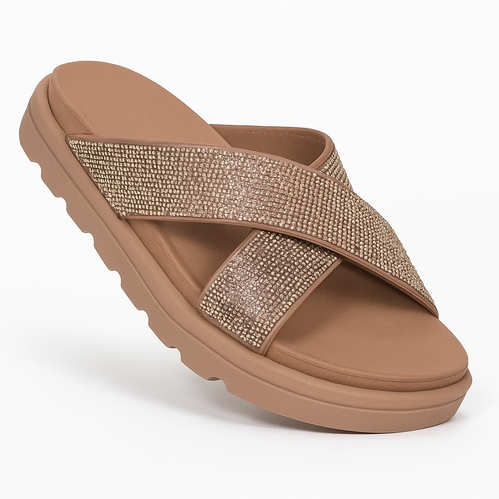 Sandália Vizzano Papete Rasteira Strass Tira Grossa 6459-122 Bege