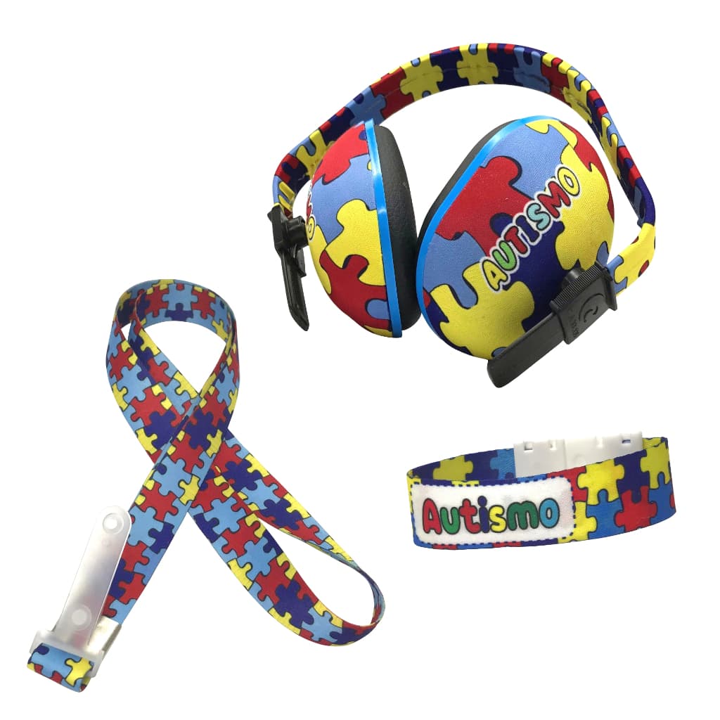 Kit Abafador De Ruídos Auricular Ajustável Com Cordão E Pulseira Quebra Cabeça Amarelo Criança