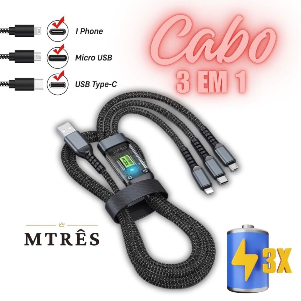 Cabo Carregador 3 em 1 Turbo Resistente  Três Pontas Universal Reforçado Multifuncional Carga Rápida