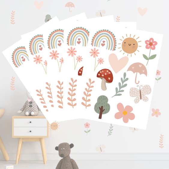 Adesivos de Parede Infantil Boho: Sol, Arco-Íris, Flores, Borboletas, Cogumelo, Coração, Árvores