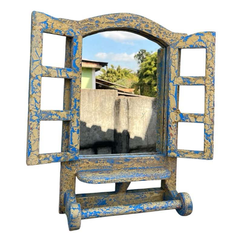 Espelho de Madeira Rústico Craquelado Decorativo, porta toalha, porta pano, sítios, banheiro, lavabo, abas fixas