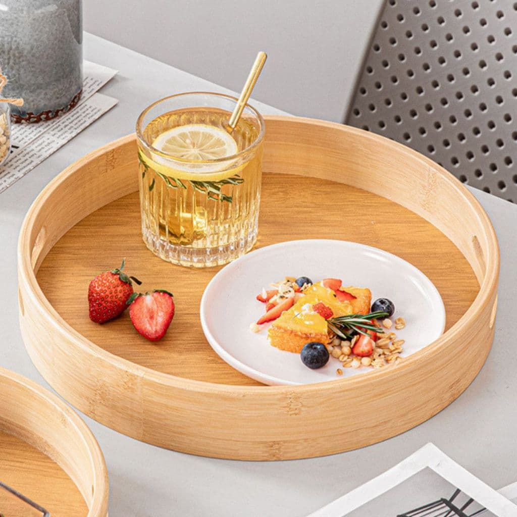 Bandeja de Bambu Redonda com Alças para Café Chá Petisqueira Condimentos Mesa Posta Decorativa