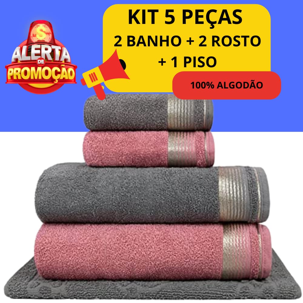 Jogo de Toalhas 5 Peças 100% Algodão - Toalha De Banho + Rosto e Piso Macias e Absorventes - BERLIM
