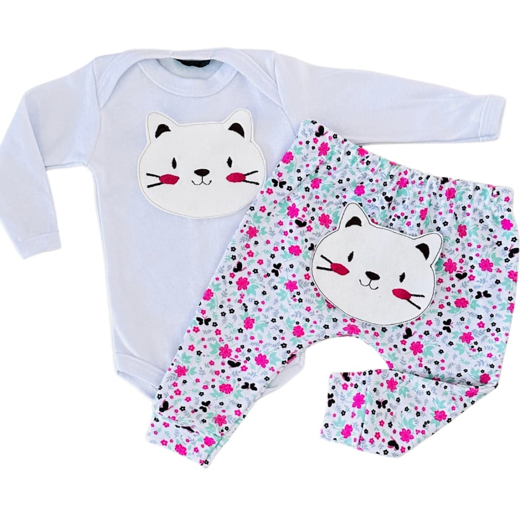 Conjuntinho Moda Bebê Menino ou Menina Body Aplique Bordado Infantil Bichos Calça em Algodão Roupa