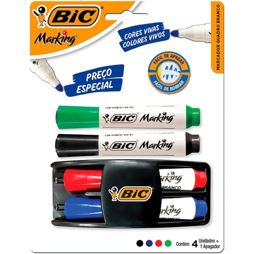 KIT 4 Marcadores de Quadro Branco BIC Marking Cores Clássicas