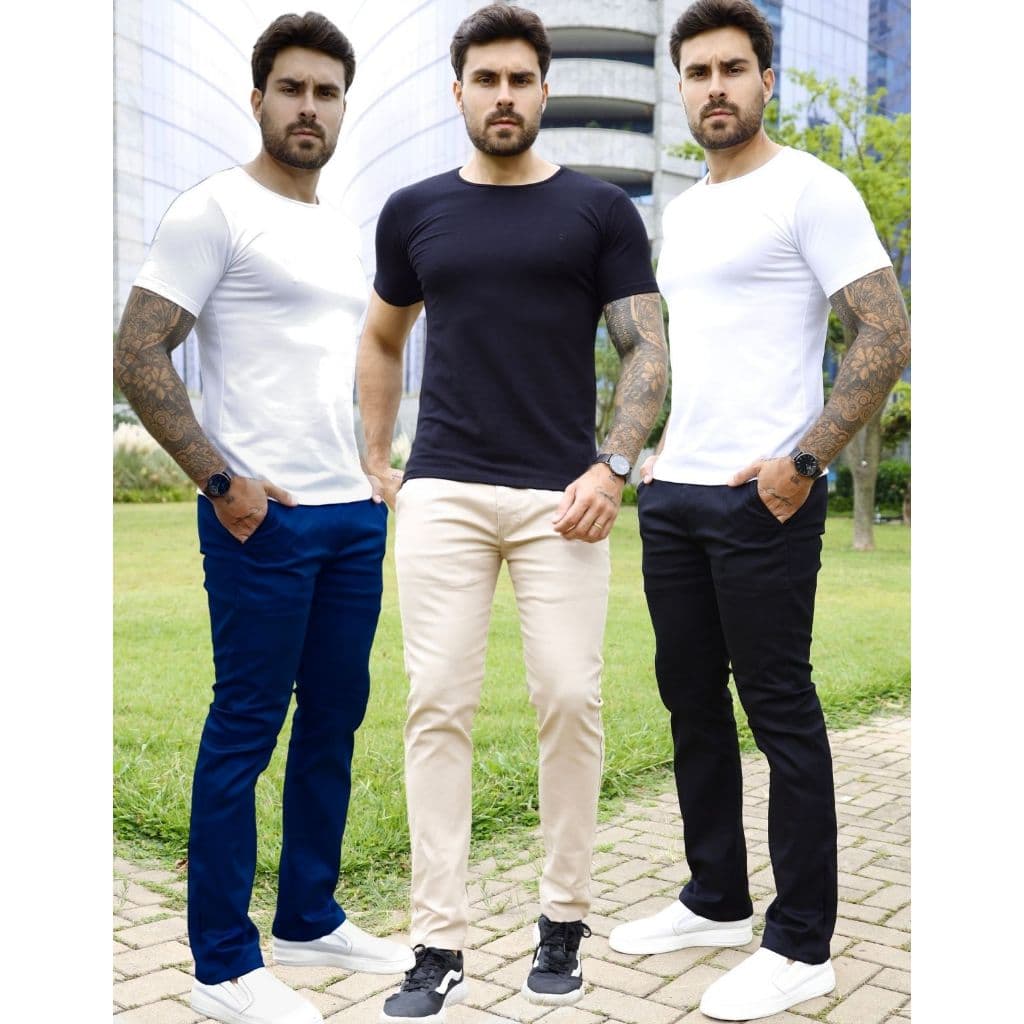 Kit 3 Calças Masculinas Sport Fino Alfaiataria Sarja com Elastano Slim FIt para Varias Ocasiões