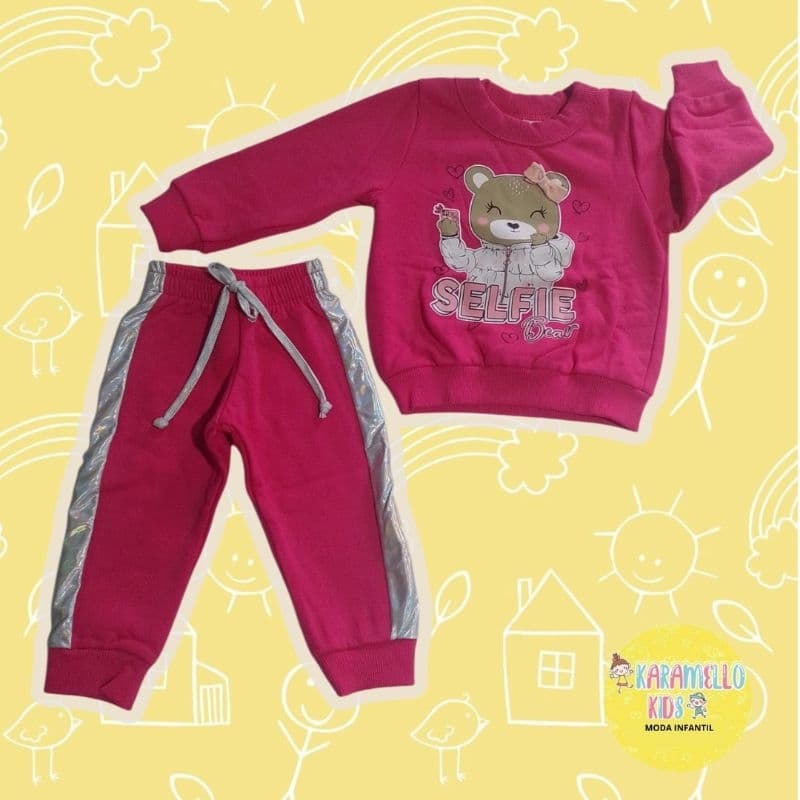 Conjunto moletom infantil menina criança flanelado com detalhe em efeito metálico nas laterais da calça Tamanho P baby e