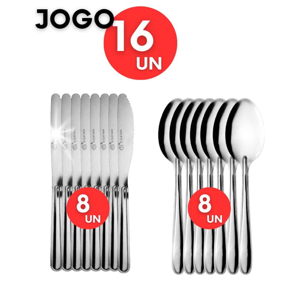Jogo 16 24 48 Talheres Aço Inox 8 Facas e 8 Colheres de Mesa para Cozinha Restaurantes Buffet Eventos