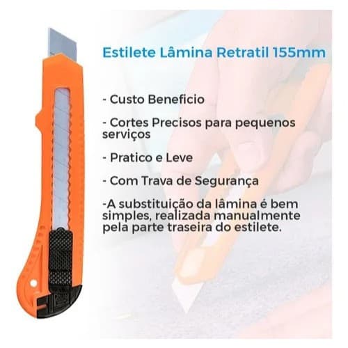 Kit 05 Estilete 155mm Lâmina Retrátil 18mm Com Trava Sparta