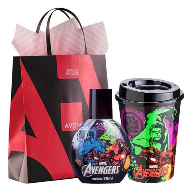 Kit Infantil Presente Avengers / Os Vingadores Colônia + Copo Personalizado e Sacola De Presente - Avon