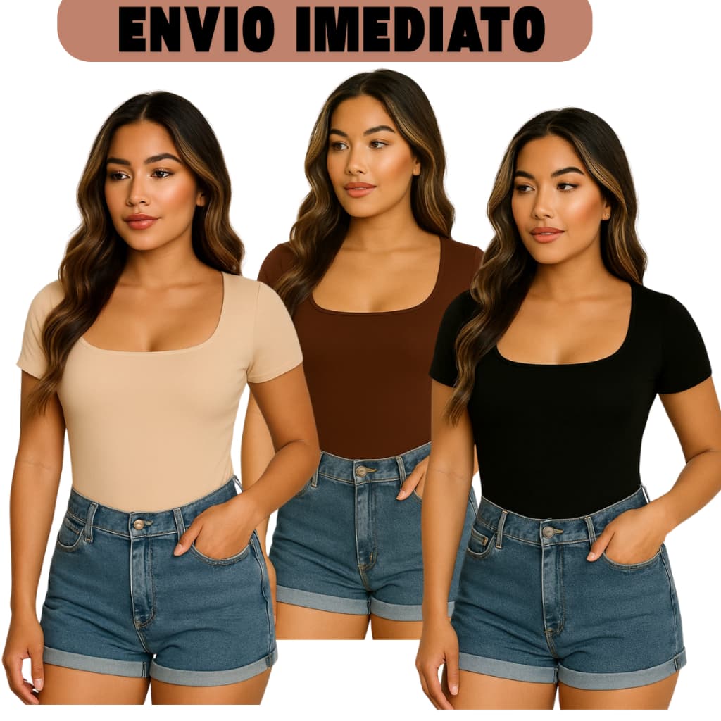 Kit 3 Body Manga Curta Com Decote Quadrado e Forro Duplo Frontal Tendência Verão