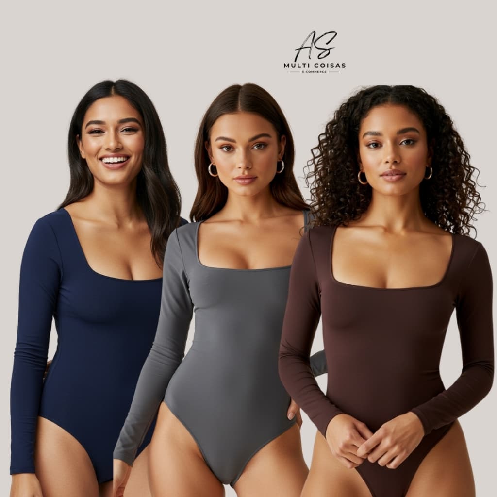Kit 3 Body Gola Quadrada - Manga Longa Com Decote Quadrado Fecho e Forro Duplo Moda Gringa