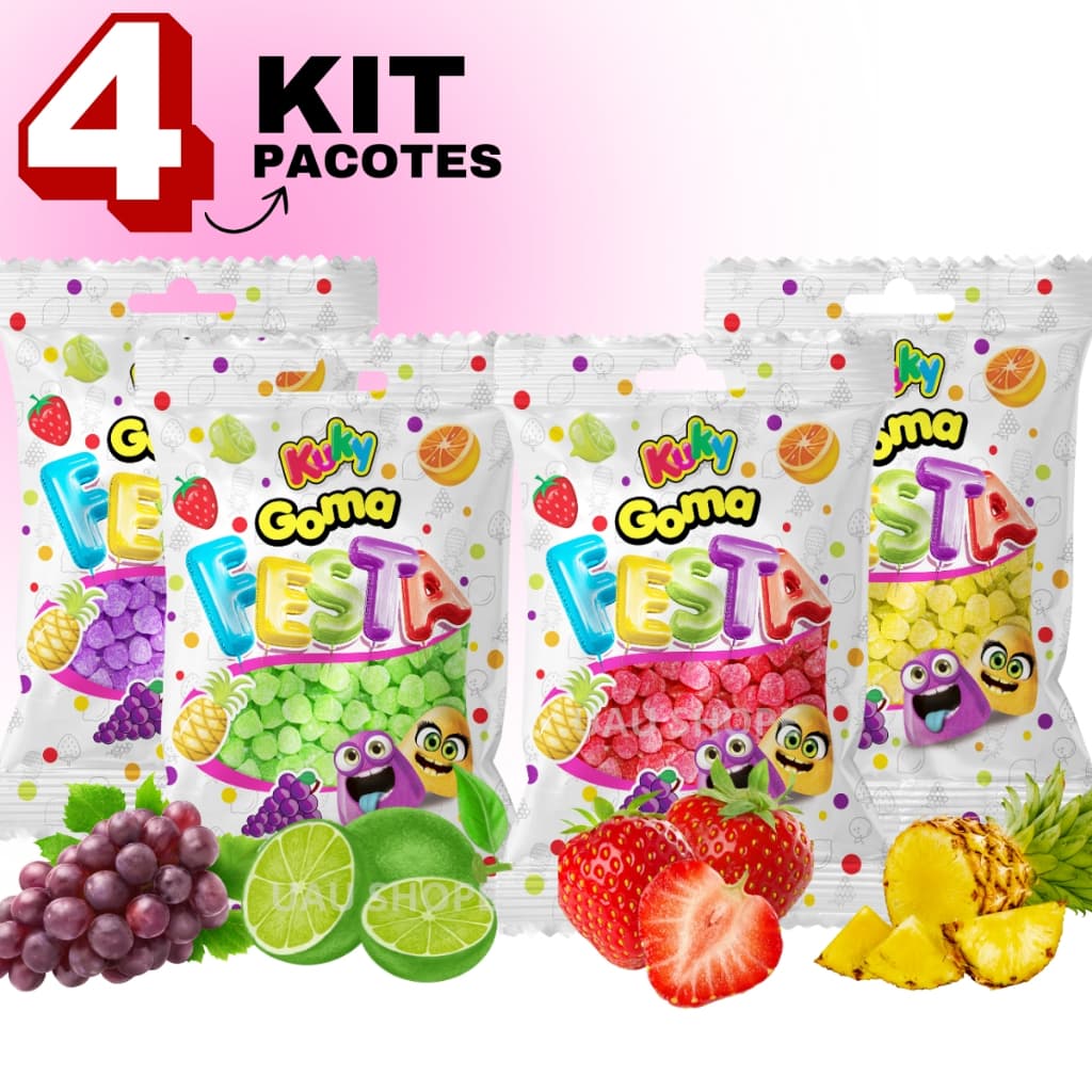 Kit 4 Bala de Goma  500gr cada 1 Limão 1 Abacaxi 1 Uva 1 Morango