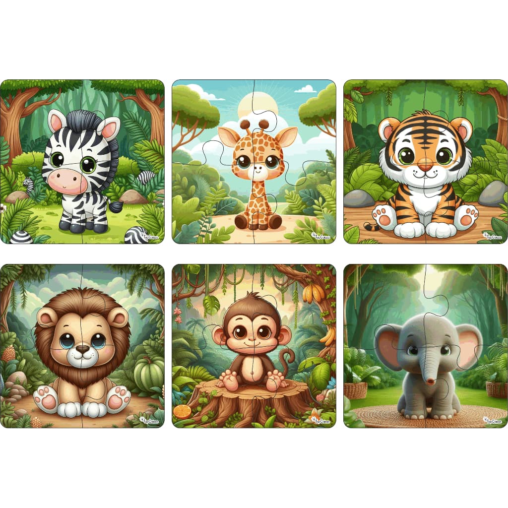 Kit 6 Quebra Cabeça Animais Safari Infantil Madeira Com 4 Peças